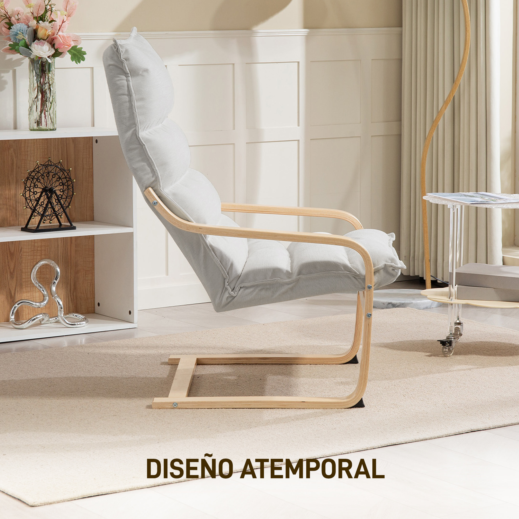 Sillón de Salón Moderno Butaca de Salón con Respaldo Alto Reposabrazos y Patas de Madera Tapizado en Terciopelo Butaca para Dormitorio Sala de Estar Crema