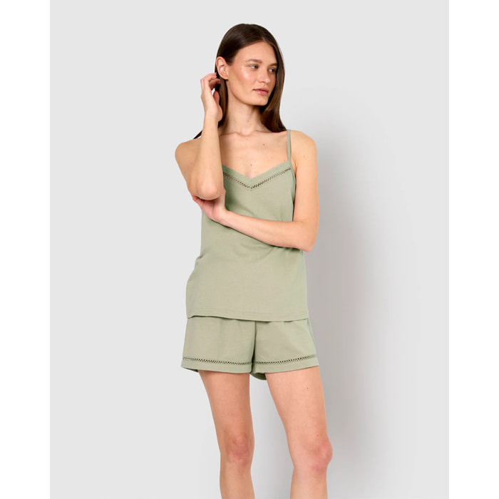 Pigiama corto cotone sfilatura spalline verde caccia