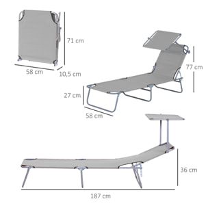 Tumbona de jardín Plegable con Toldo Desmontable y Regulable Respaldo Reclinable para Jardín Terraza Acampada al Aire Libre 187x58x36 cm Gris Claro