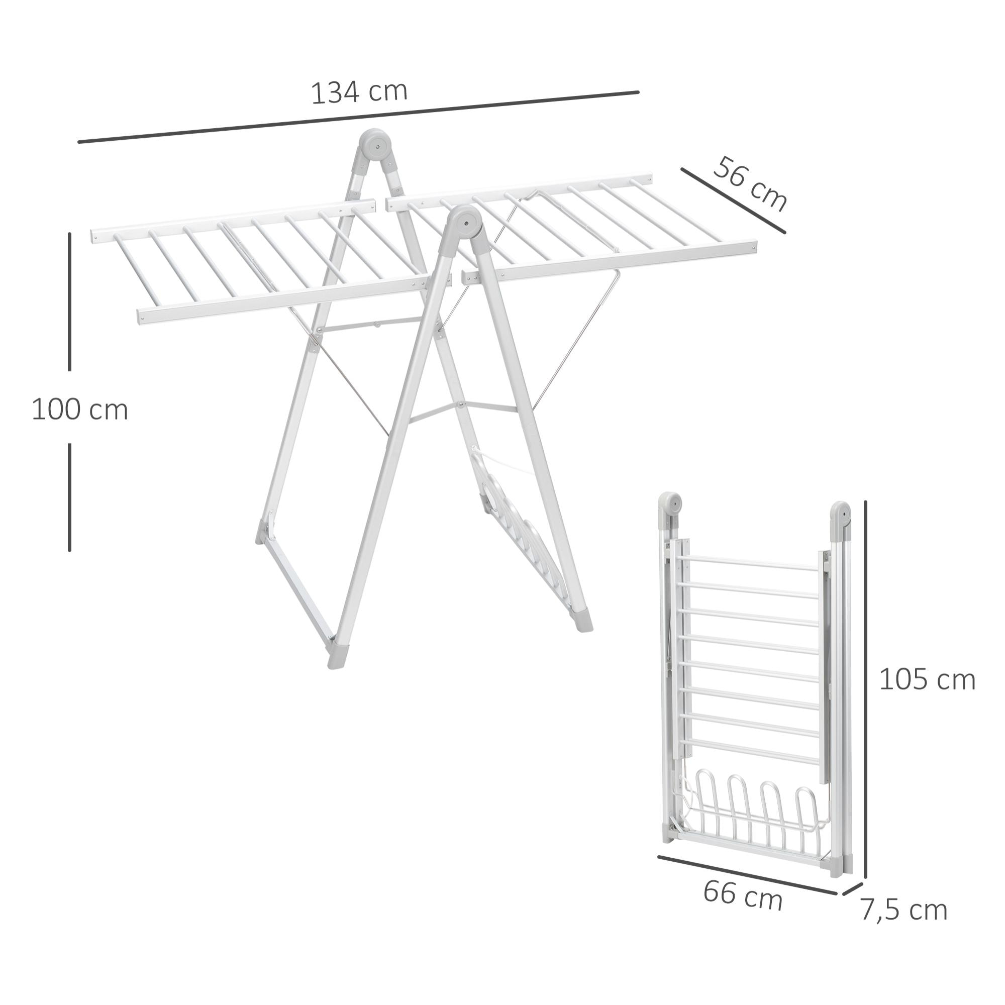 HOMCOM Tendedero Eléctrico Plegable con Alas 230 W Secador de Ropa con Zapatero para 2 Zapatos y Marco de Aleación de Aluminio 134x66x100 cm Plata