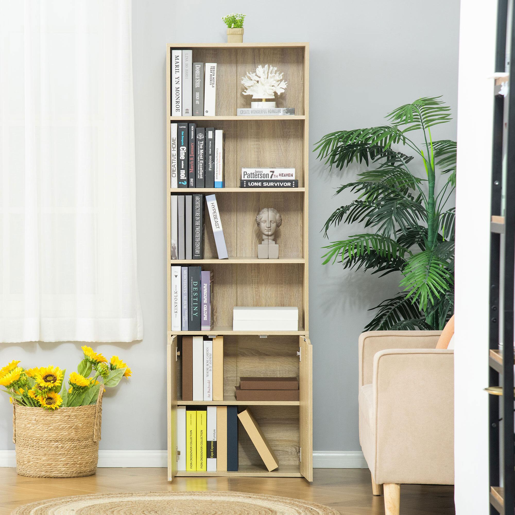 HOMCOM Estantería Librería con 4 Compartimentos Abiertos y 1 Armario con 2 Estantes Almacenaje Libros Plantas para Salón Estudio 59x29x180 cm Madera Natural