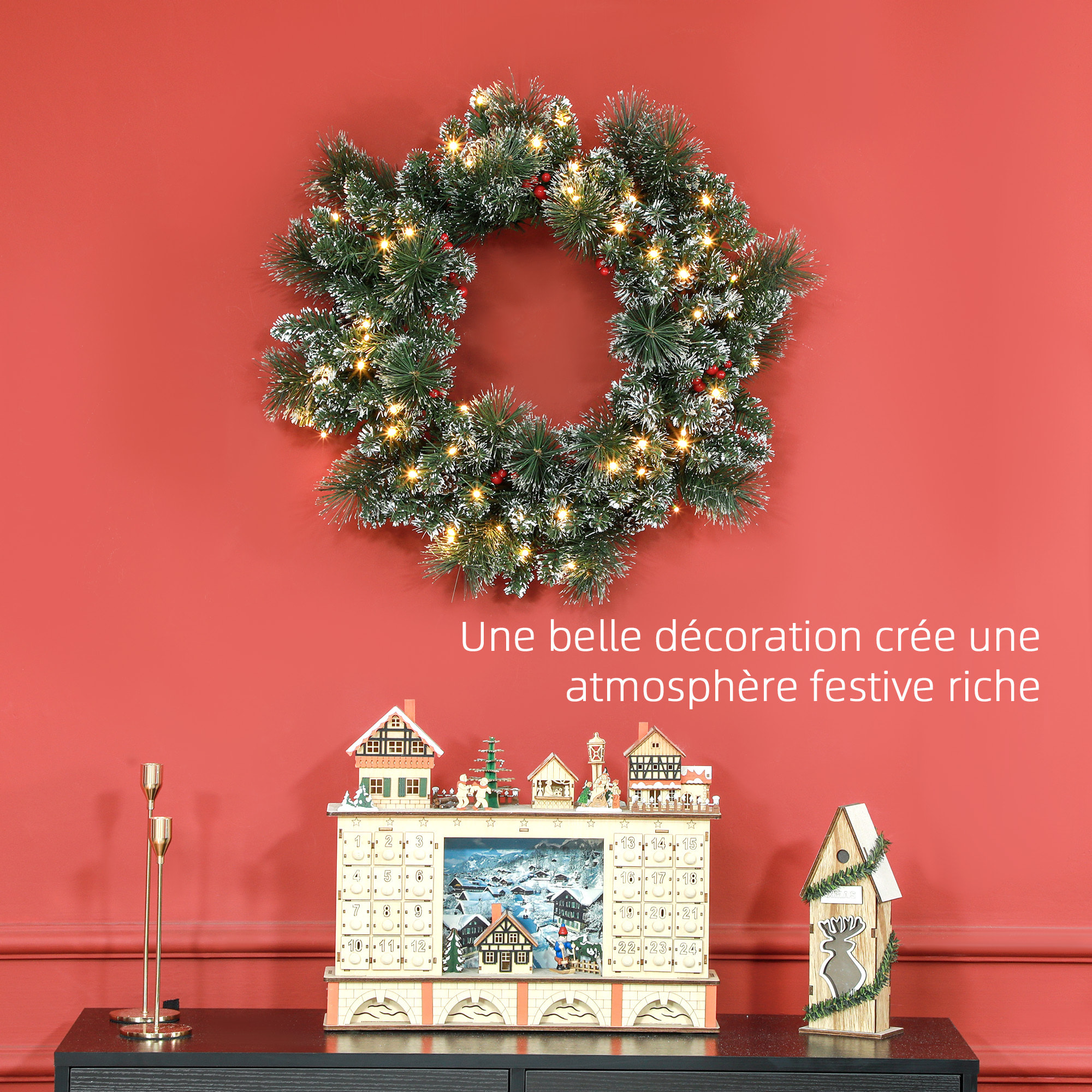 Couronne de Noël artificielle LED 60 cm - pommes de pin, baies rouges, 50 LED blanc - effet enneigé