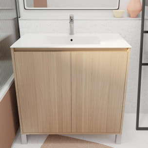 Pack Meuble Salle de Bains 80 cm Chêne Clair, 2 portes avec Vasque Céramique - XENOS
