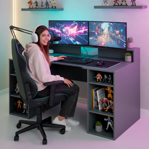 Scrivania Gaming Con Ripiani Porta PC E Supporto Monitor Con Passacavi Tavolo Gamer Reversibile Ampio Piano Setup 136 x 67 x 88 Cm Grigio Antracite