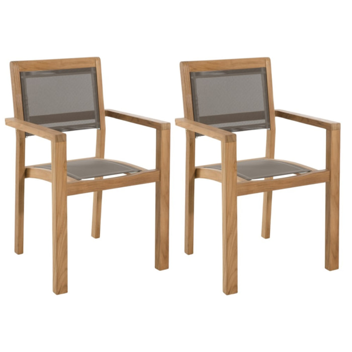 FUN - Ensemble de 2 fauteuils jardin empilables en bois teck et textilène couleur taupe