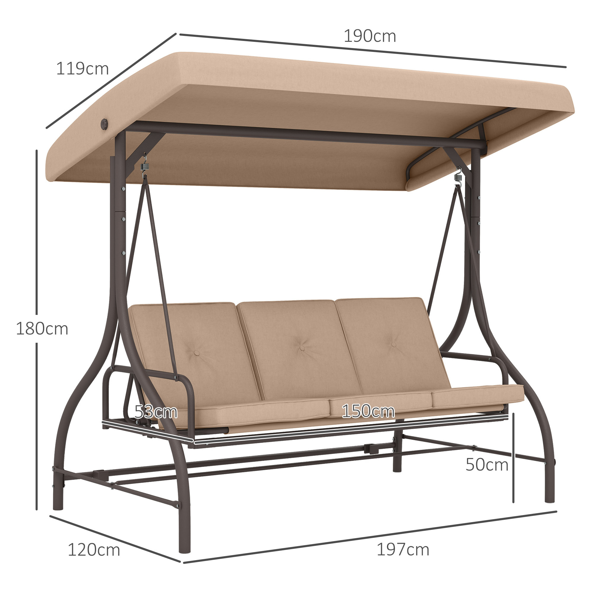 Balancelle de jardin convertible 3 places avec coussins métal polyester kaki