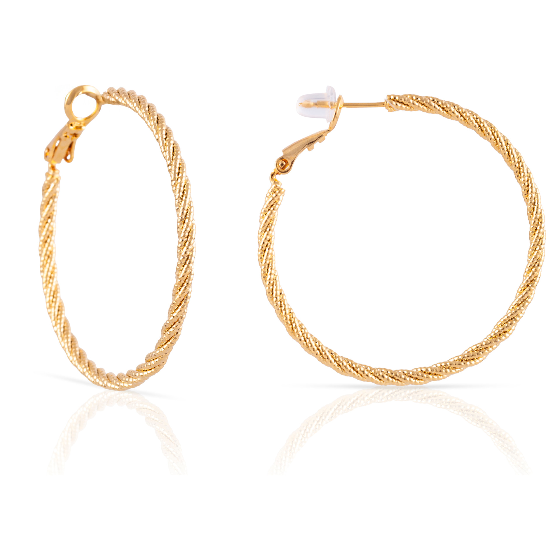 Pendientes de aro trenzado de cobre con baño de oro auténtico y acabado brillante, 40 mm, cierre catalán de plata de ley 925 con acabado dorado electroplateado.