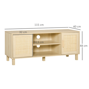 Meuble TV banc TV 2 niches 2 placards porte cannage en rotin dim. 115L x 40l x 48H cm MDF aspect bois clair