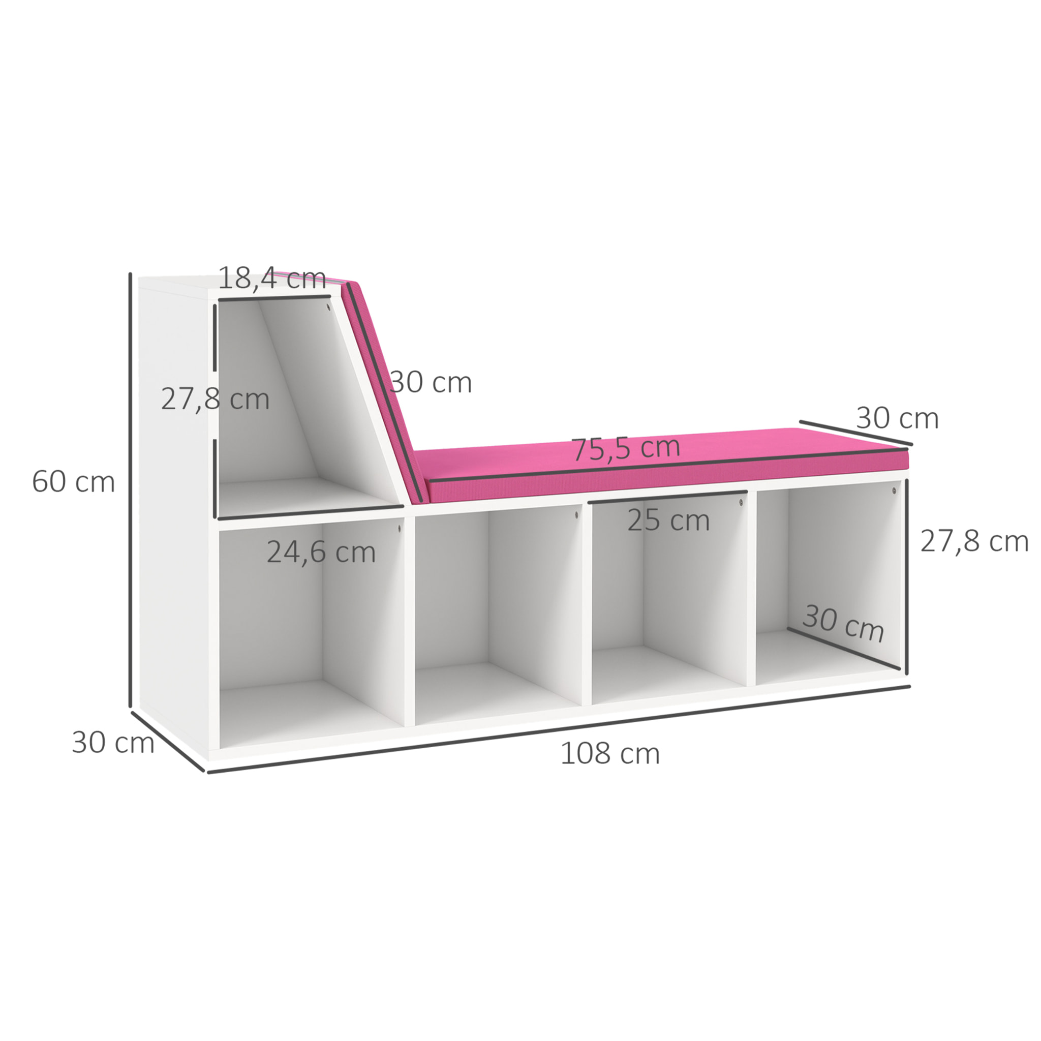 Bibliothèque banc 2 en 1 design contemporain 5 casiers 2 coussins fournis 108L x 30l x 60H cm blanc rose
