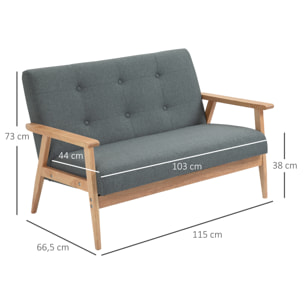 Canapé 2 places style scandinave dim. 115l x 66,5P x 73H cm bois tissu gris