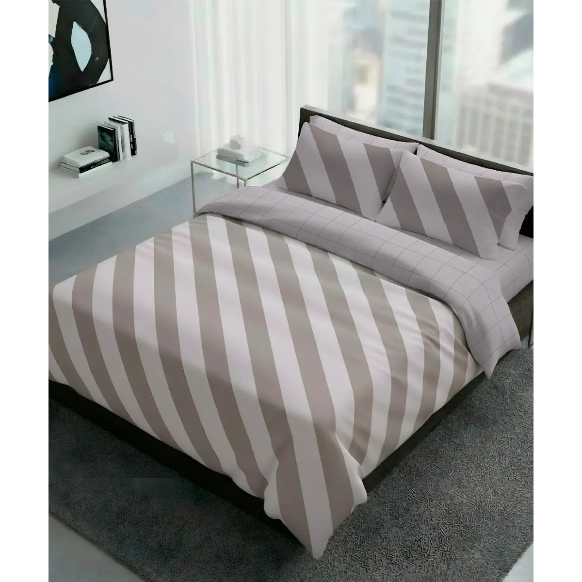 Parure Copripiumino Elite Beige per letto singolo in 100% Cotone e Made in Italy, geometrico a righe