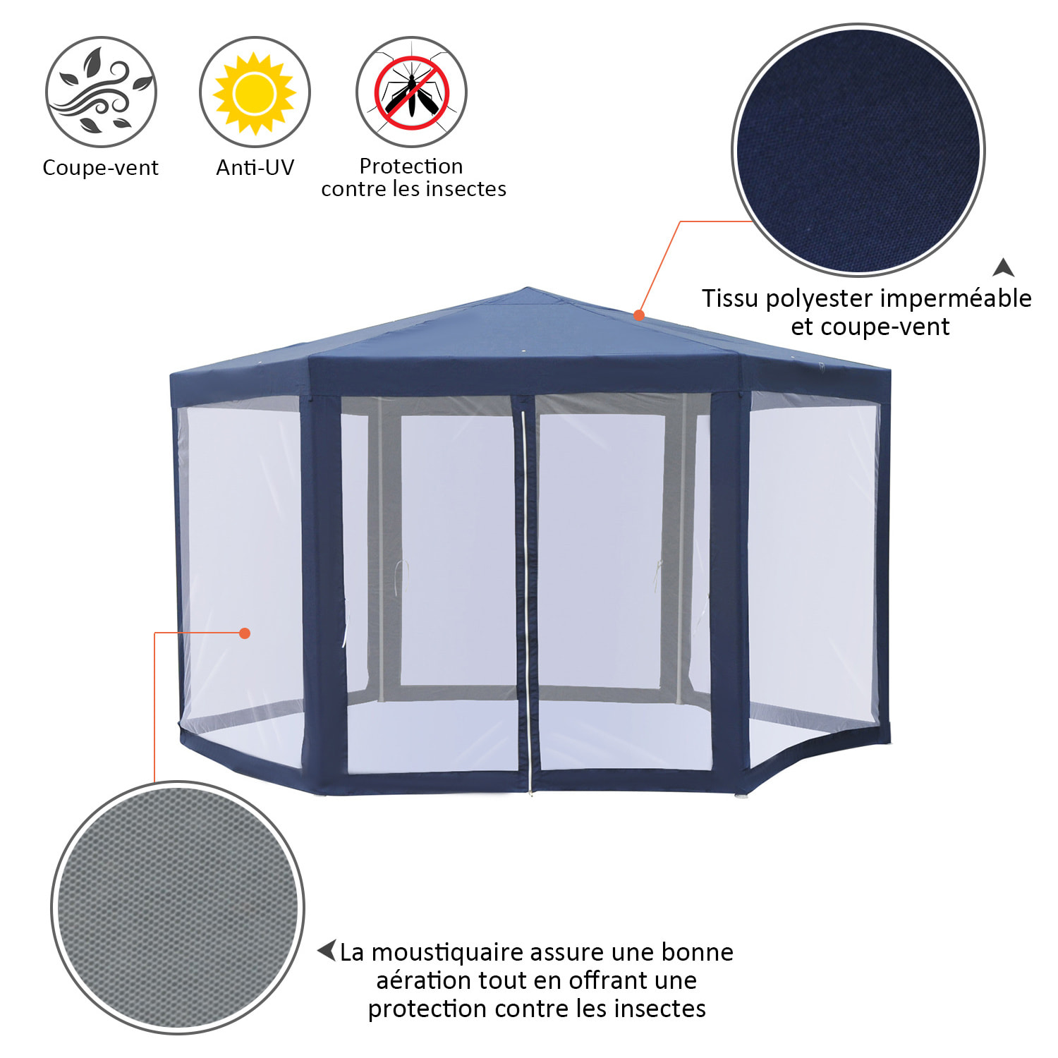 Tonnelle barnum tente de réception hexagonale 10 m² style cosy métal polyester imperméabilisé bleu blanc