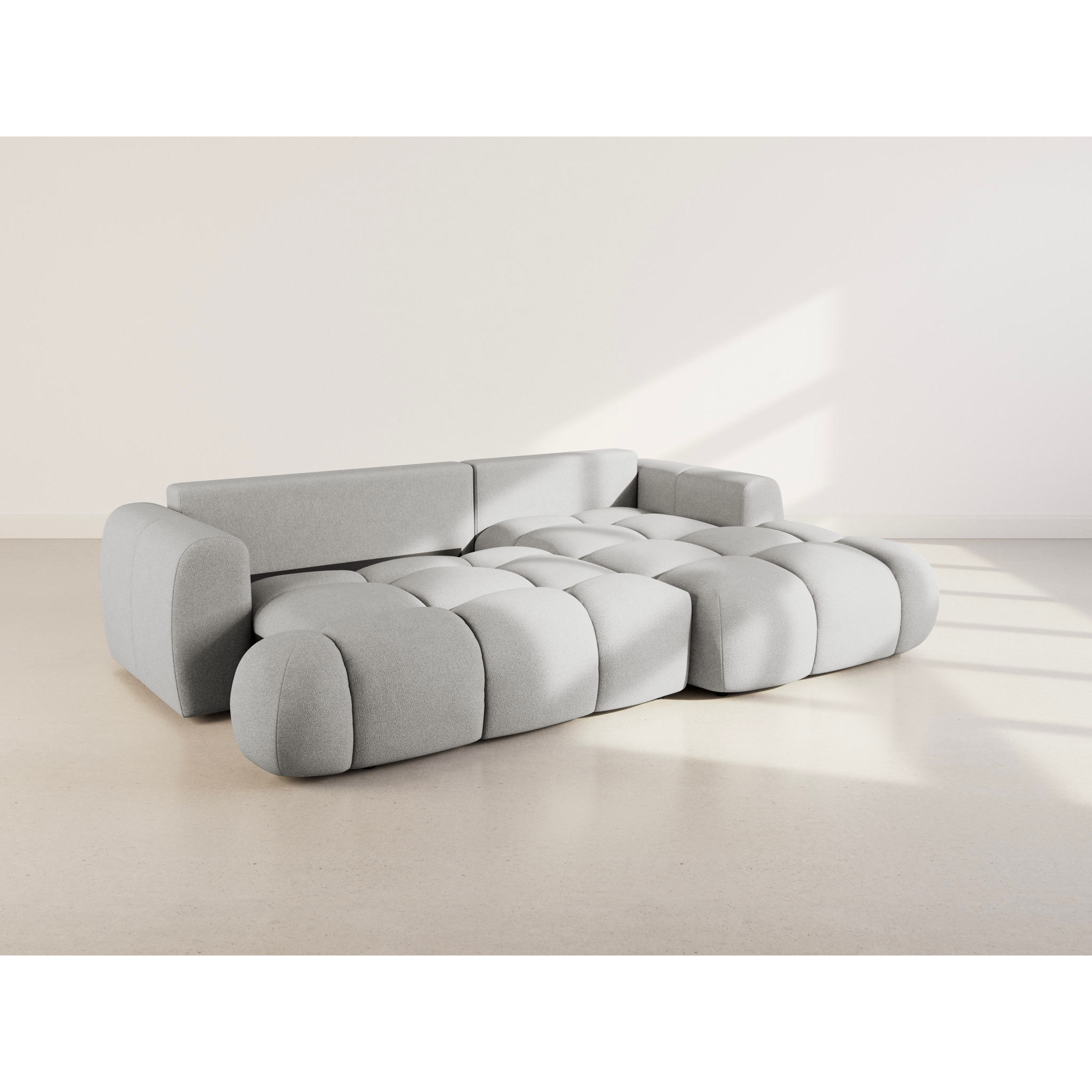 Yulin - Canapé d'angle droit 4 places convertible avec coffre en tissu bouclette - Gris clair