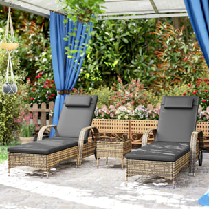 Lot de 2 bains de soleil inclinables tout confort avec table d'appoint résine tressée beige