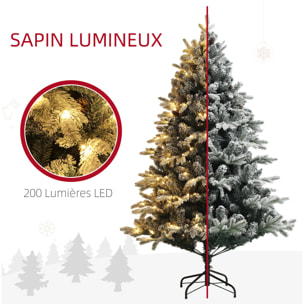 Sapin de Noël artificiel LED enneigé H. 180 cm - 200 LEDs blanc chaud, 793 branches - vert blanc