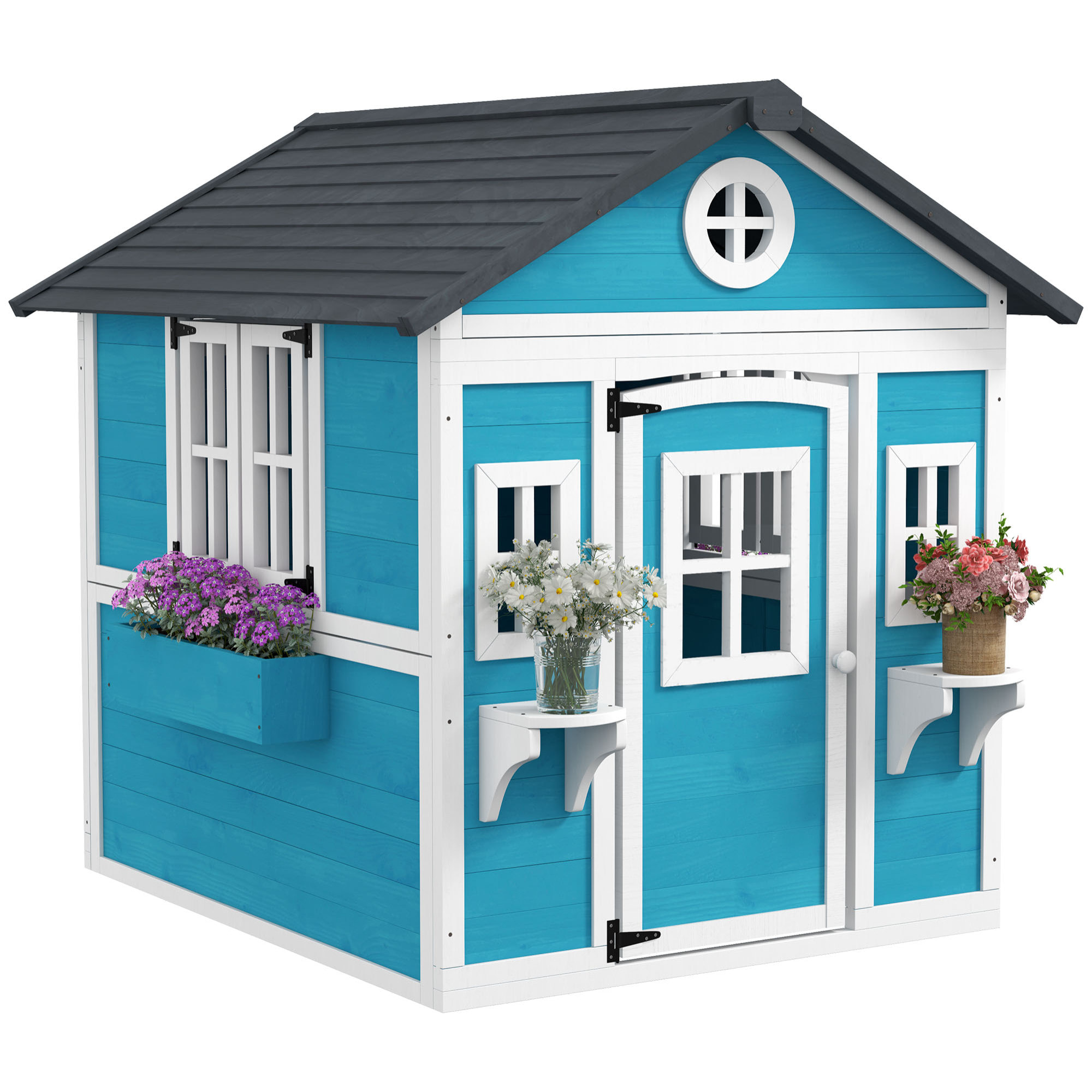 Casa de Jardín Infantil Casa de Madera para Niños con Puerta Ventanas Jardineras y Soportes de Flores 114x126,4x135 cm Azul