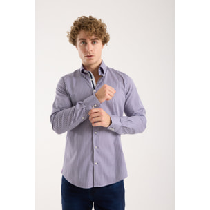 Camicia Uomo 2 Bottoni Button Down Slim Popeline Stretch Riga Media bianco e viola melanzana