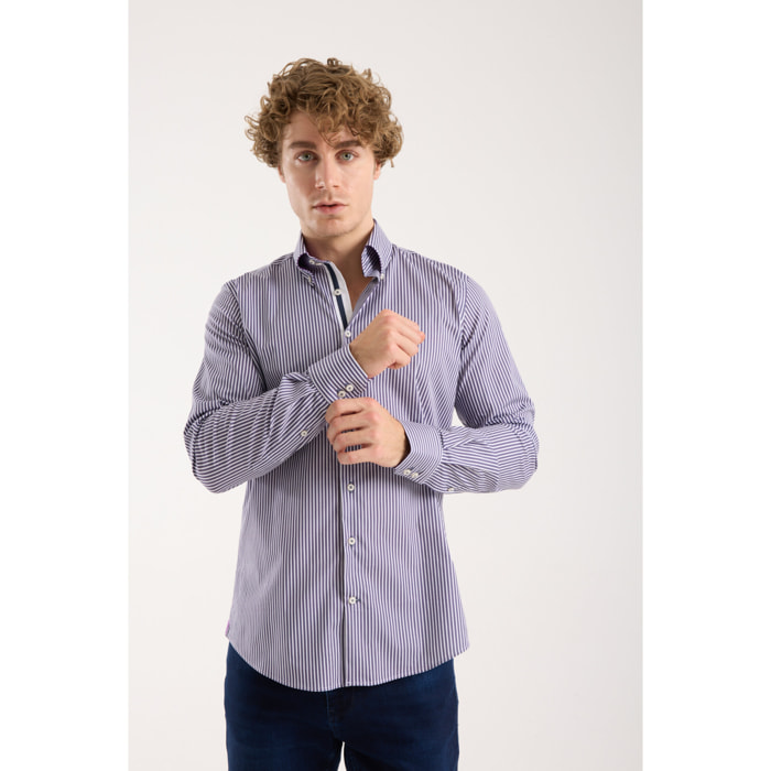 Camicia Uomo 2 Bottoni Button Down Slim Popeline Stretch Riga Media bianco e viola melanzana