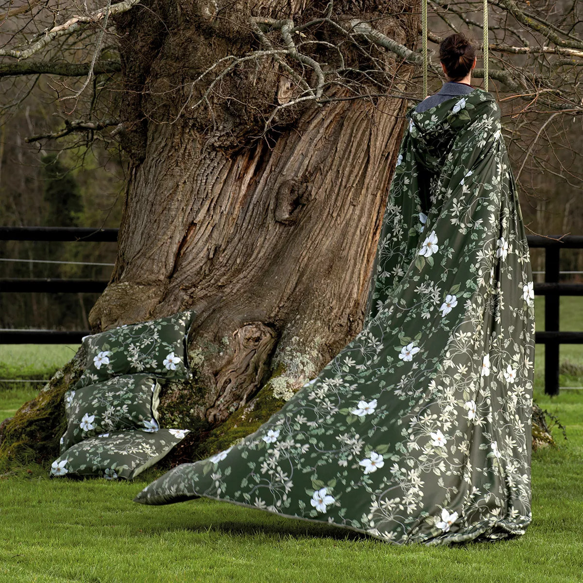 Housse de couette satin de coton imprimé vert Gardenias mousse