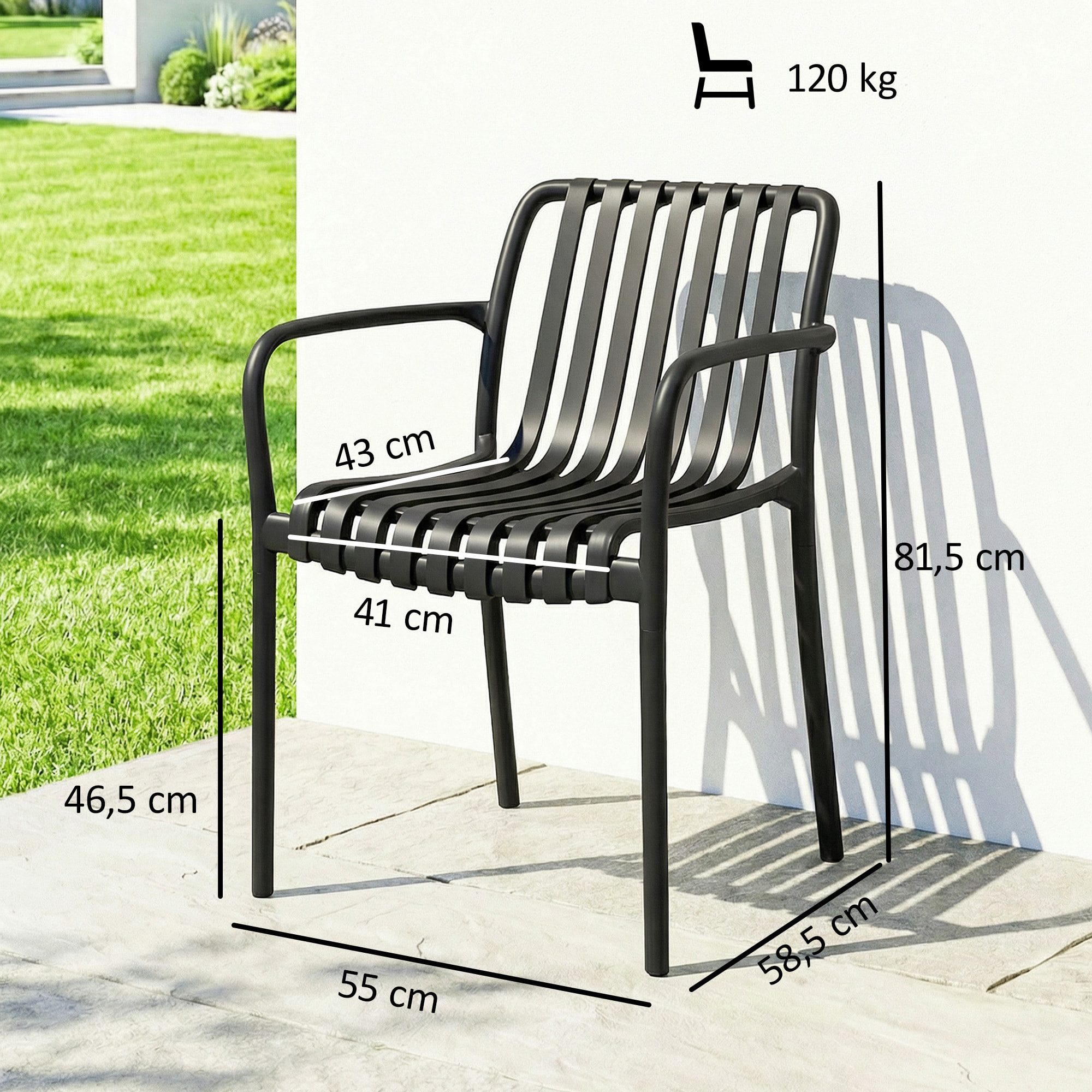 Juego de 4 Sillas de Jardín Exterior Apilables, Sillas Terraza Exterior de PP con Respaldo Curvado, Asiento de Listones, Reposabrazos, 55x58,5x81,5 cm, Negro