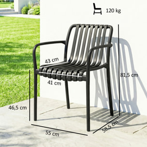 Juego de 4 Sillas de Jardín Exterior Apilables, Sillas Terraza Exterior de PP con Respaldo Curvado, Asiento de Listones, Reposabrazos, 55x58,5x81,5 cm, Negro