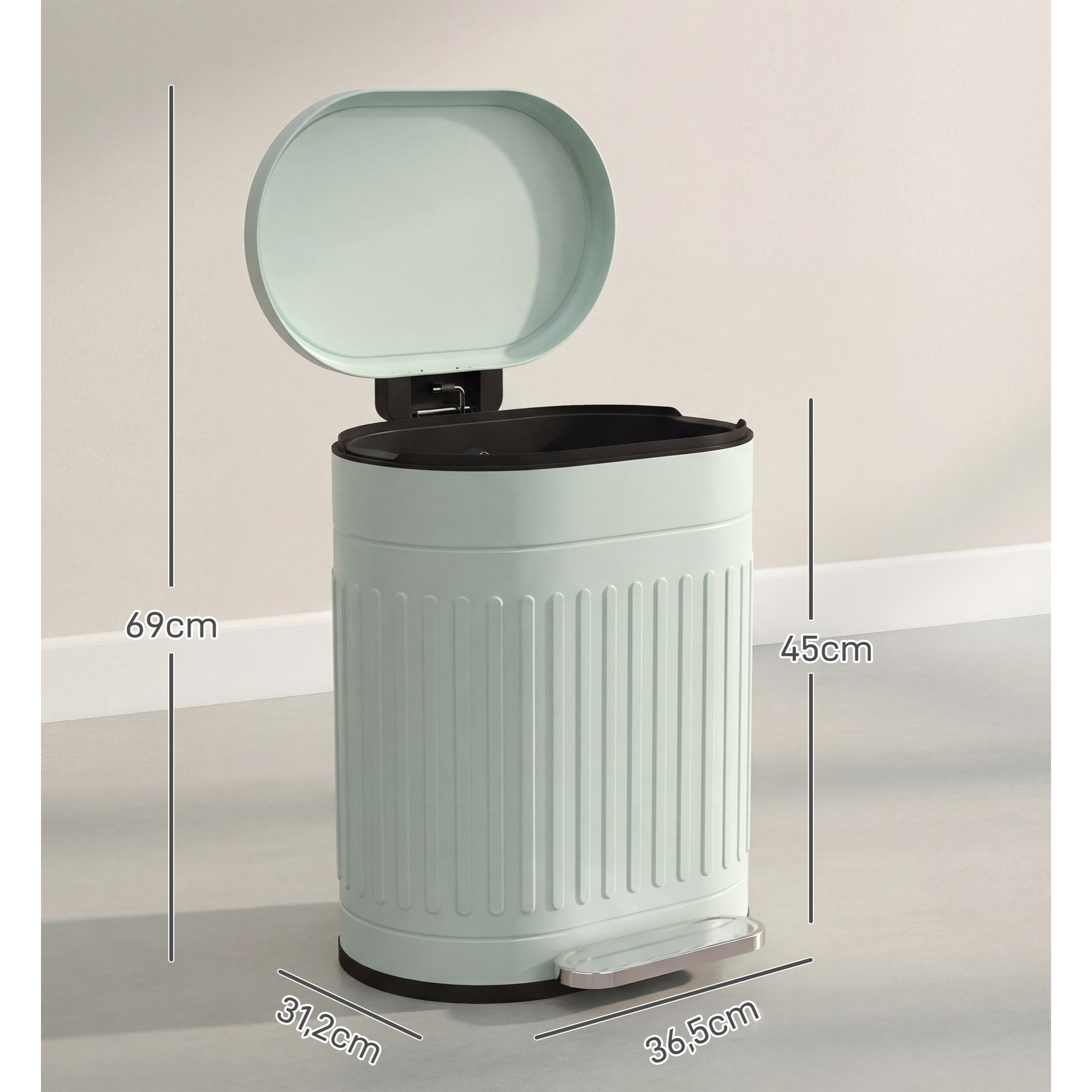 Poubelle à pédale design ovale métal ondulé 20L vert sauge clair