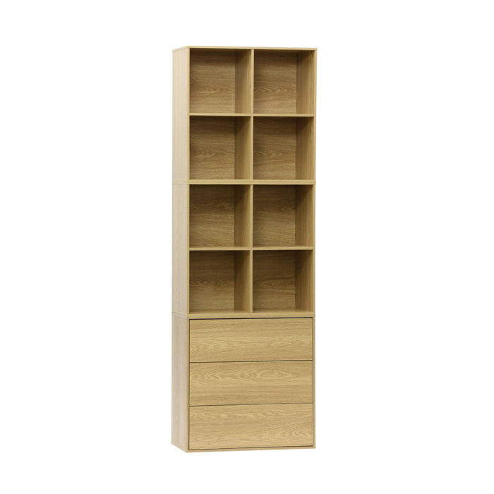 Etagère. bibliothèque modulable décor bois chêne 3 éléments - 3 tiroirs 8 niches L 70 x P 35 x H 210cm - Kompo