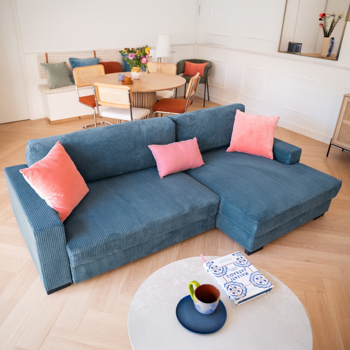 Canapé d'angle droit convertible 3 places en velours côtelé - ARTY