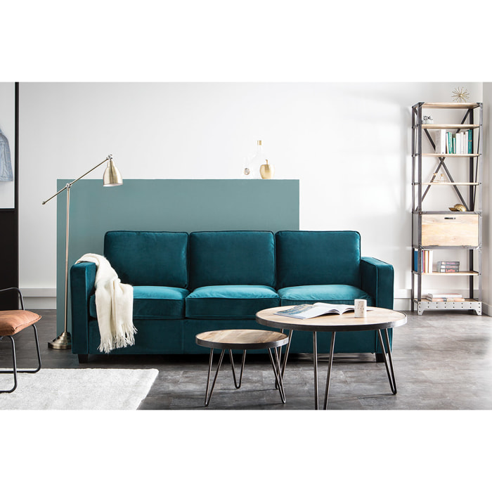 Canapé design 3 places en tissu velours bleu pétrole et bois noir BROOKLYN