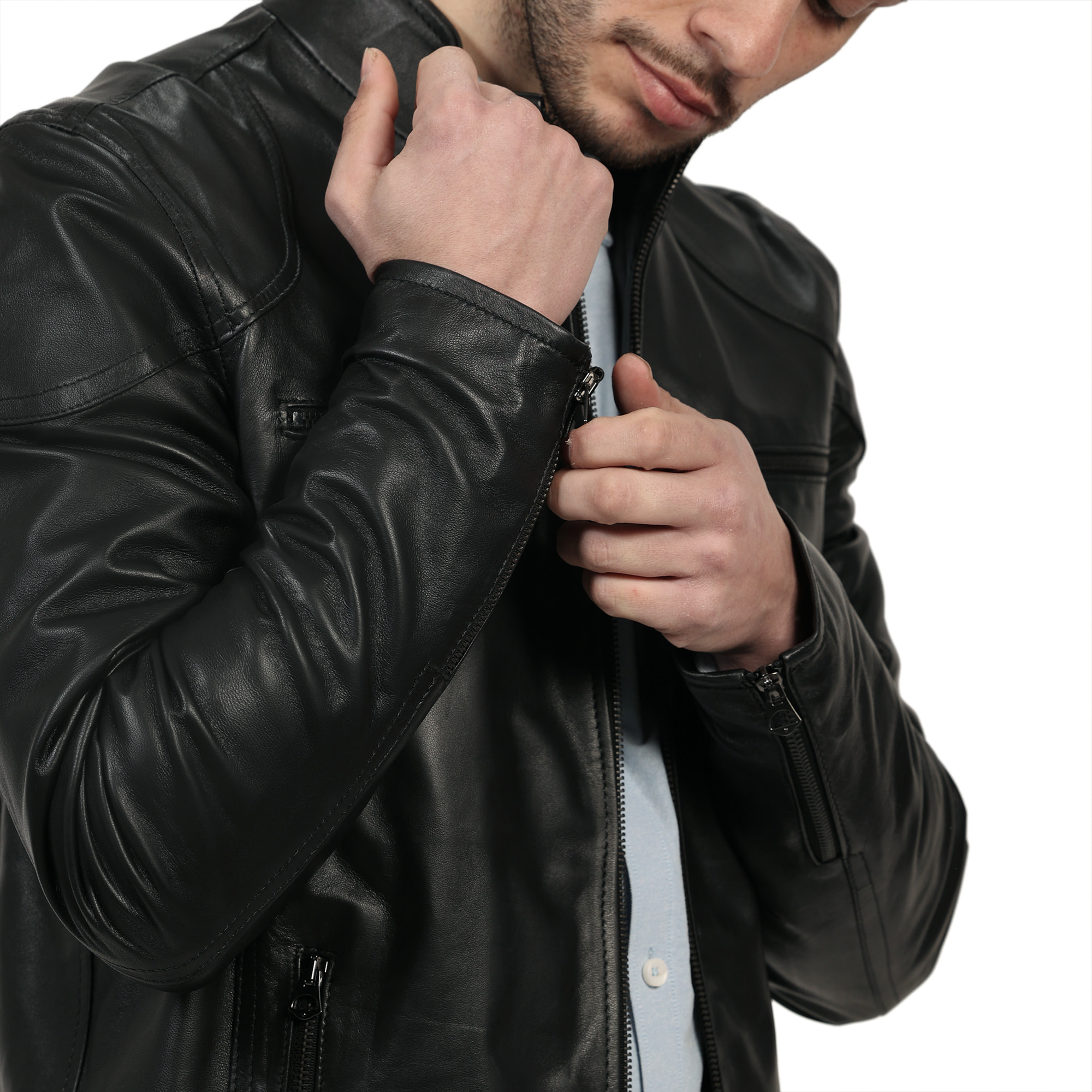 Giubbino in pelle di vitello nappa Nero-Slim Fit