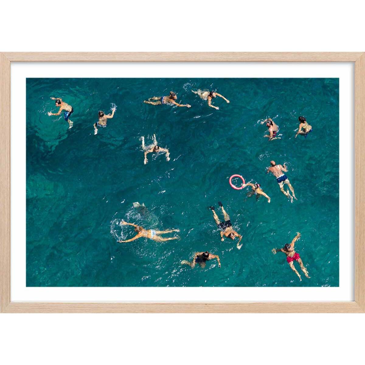 Affiche tous à l'eau! Affiche + cadre en bois - Chêne