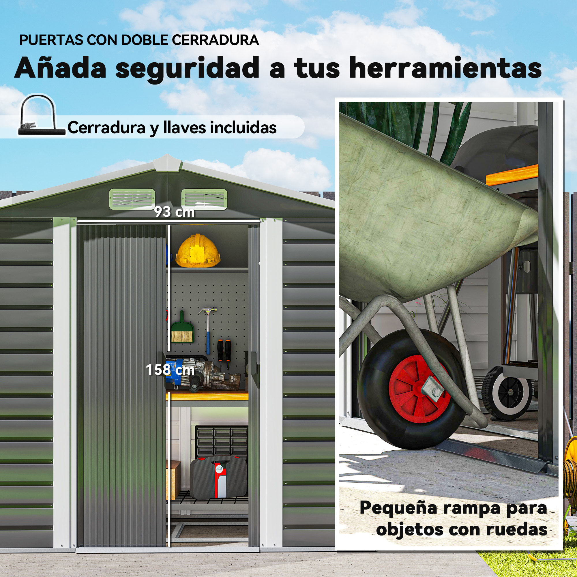 Caseta de Jardín Exterior 2,36m² 213x120x194 cm Cobertizo de Jardín Exterior con Base Refuerzo (Suelo NO Incluido) Puertas Correderas Dobles Candado Ventanas Gris Oscuro