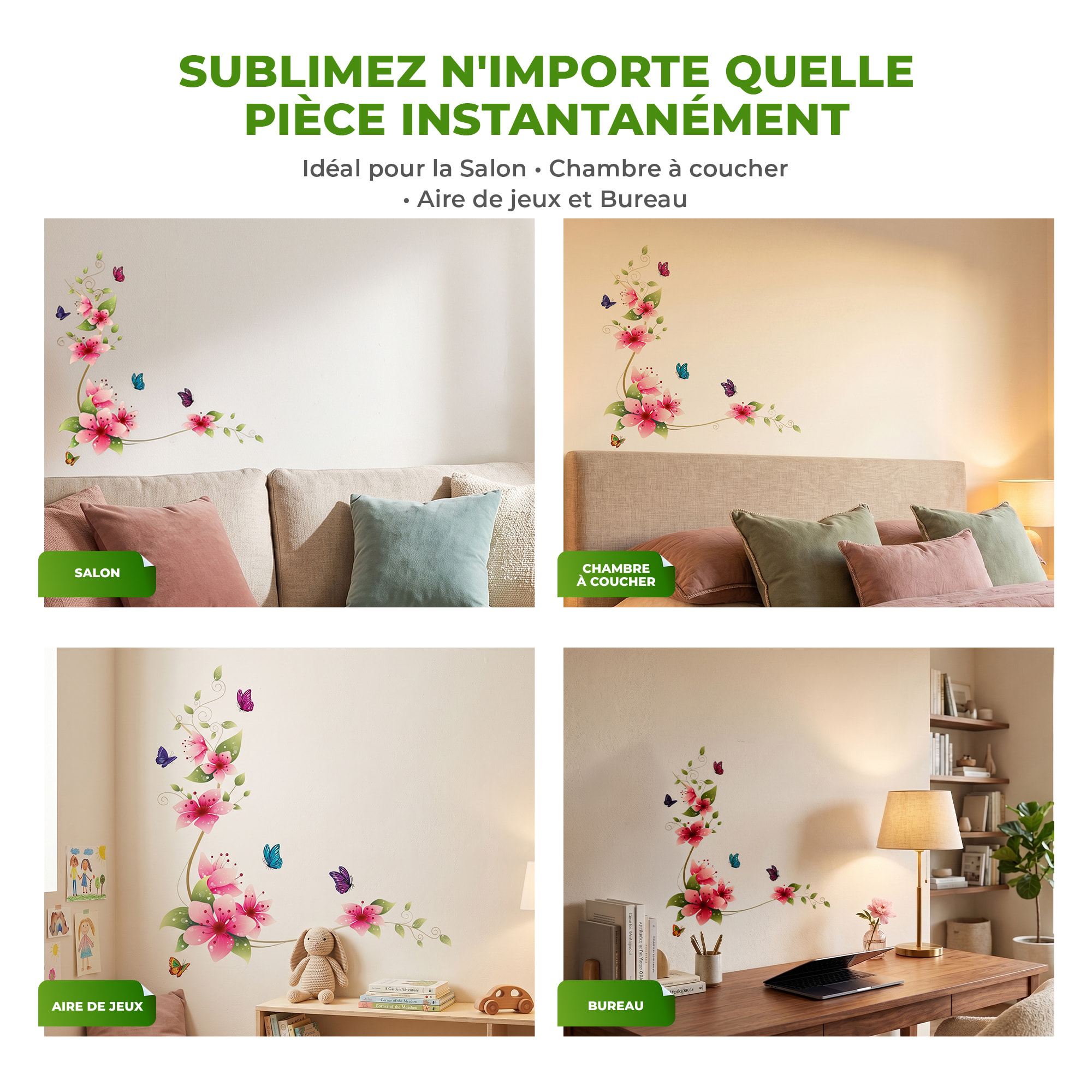 Stickers Muraux décoration adhésifs fleurs roses et papillons