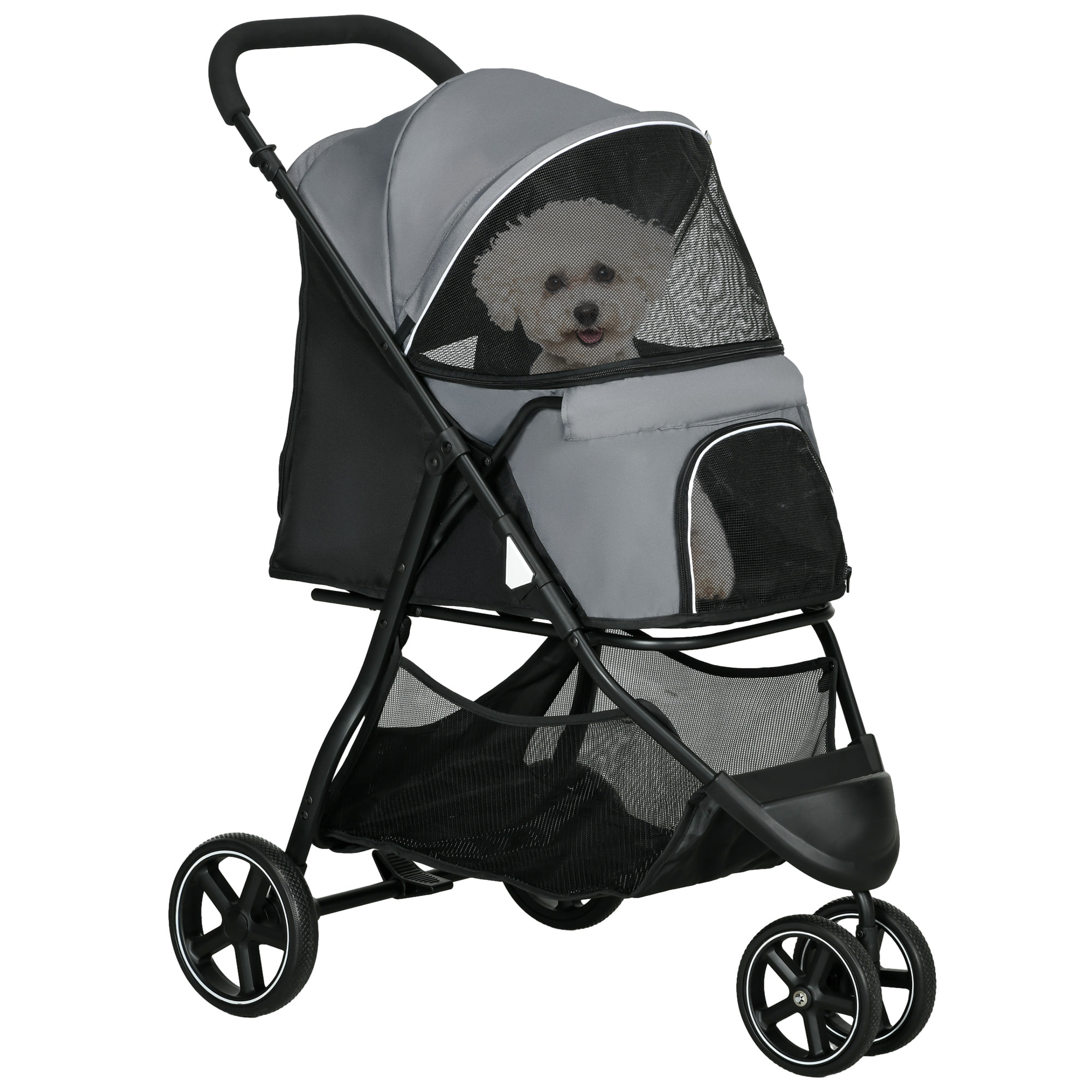 Poussette buggy pliable pour chien chat - 2 attaches, guidon réglable, panier - acier oxford gris