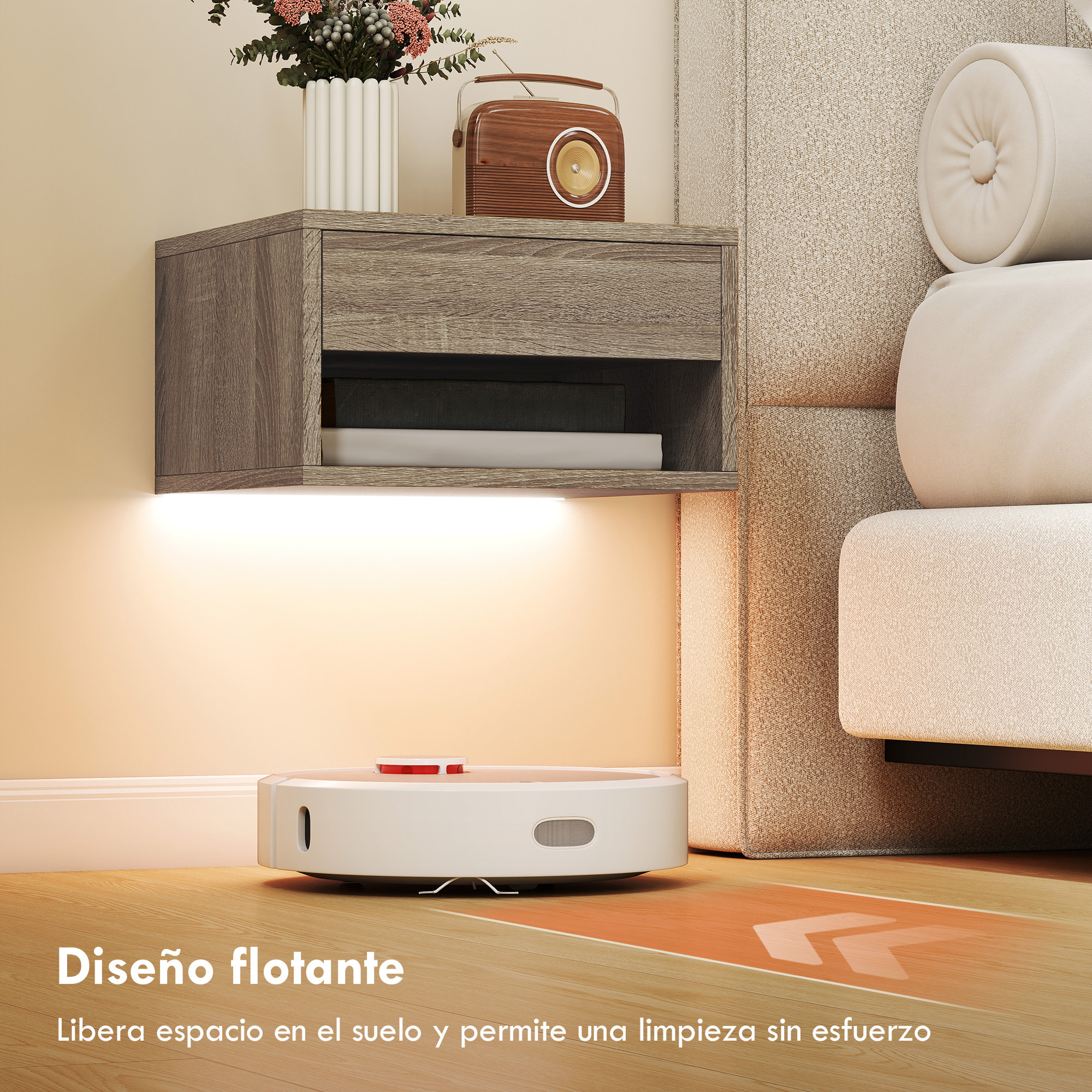 Juego de 2 Mesitas de Noche Flotantes con Luces LED RGB Control de APP, Mesillas de Noche Dormitorio con Cajón, Estante Abierto, para Sala de Estar, 37x32x21 cm, Natural