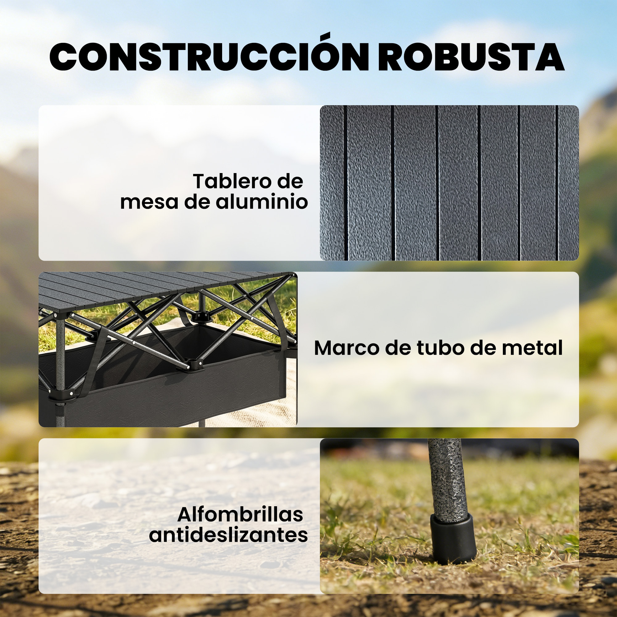 Mesa Plegable Camping, 93x55x68 cm, Mesa Plegable Portátil con Red de Almacenamiento, Encimera Enrollable de Aluminio, Marco Metálico, Bolsa de Transporte, para Acampar, Senderismo, Negro