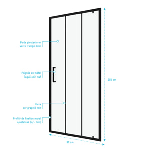 Porte de douche pivotante type industriel - 80x200cm - PROFILE NOIR MAT - verre 6mm