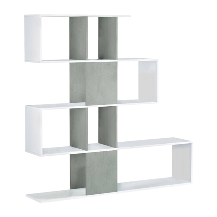 Libreria Aracnidi, Mobile portalibri con 7 scomparti, Scaffale moderno da ufficio, Mobile da parete con ripiani, 145x29h145 cm, Bianco e Cemento