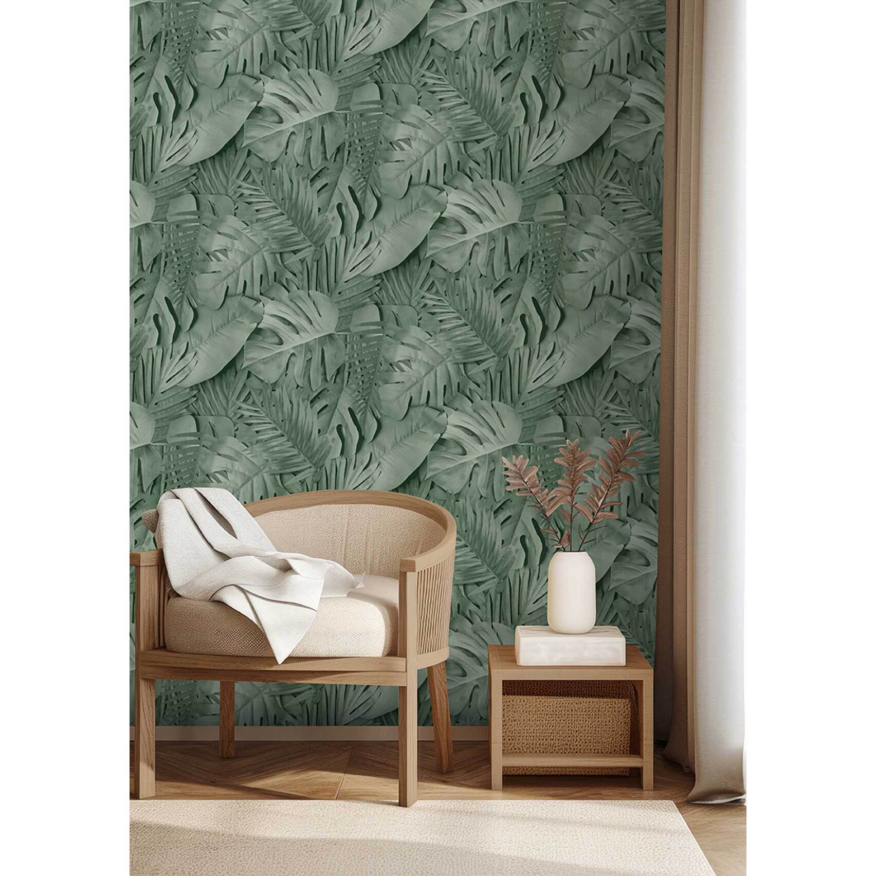 Papier peint feuillage tropical vert profond