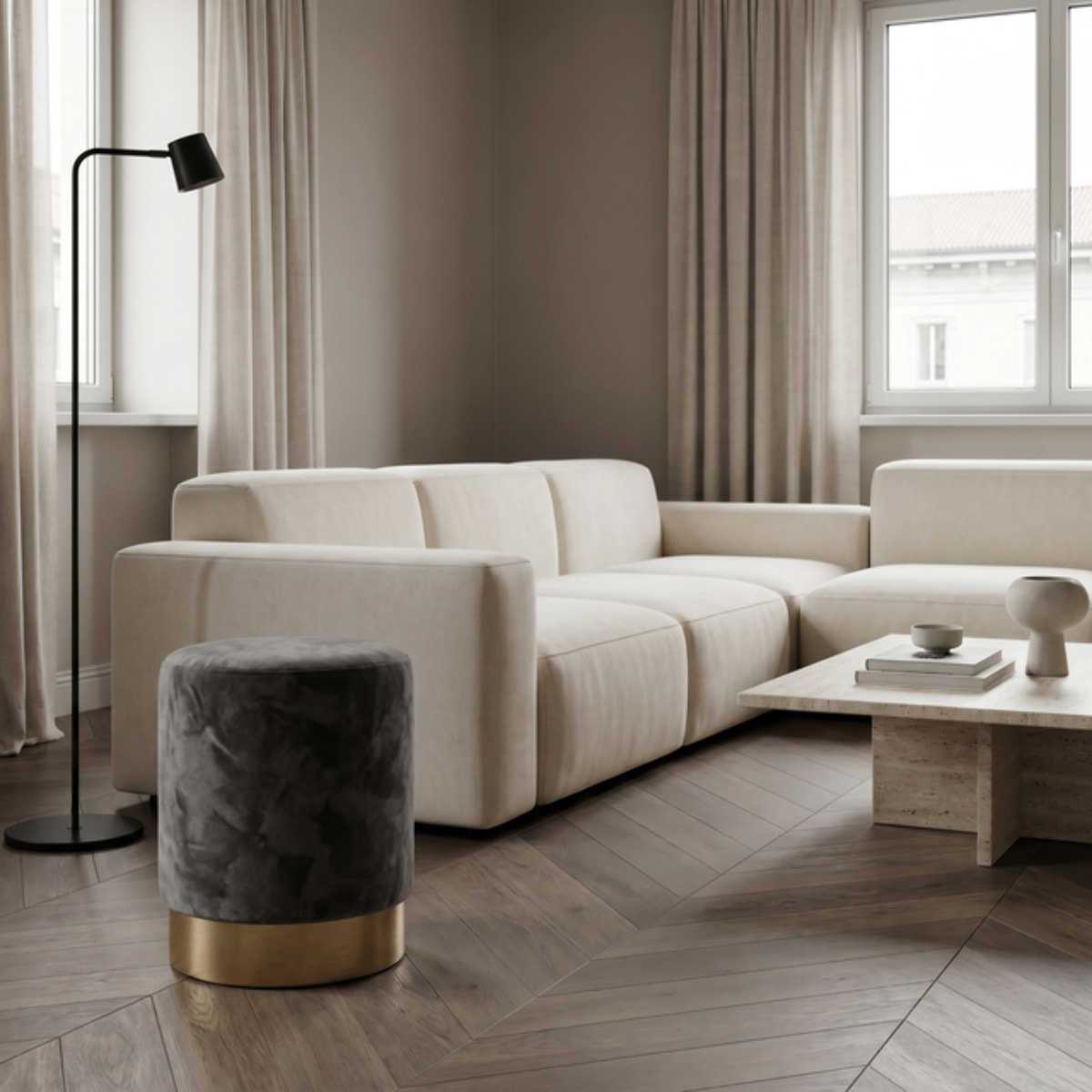 Pouf cilindrico in velluto con base dorata, sgabello imbottito elegante e resistente, seduta compatta salvaspazio, ideale per salotto camera ingresso e toeletta, design moderno glamour e versatile