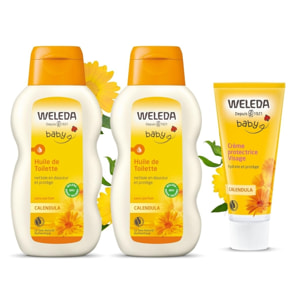 WELEDA - DUO Huile de toilette + Crème protectrice visage - pour Bébé- Certifié Natrue ** - Tube 50 ml et flacon 200ml