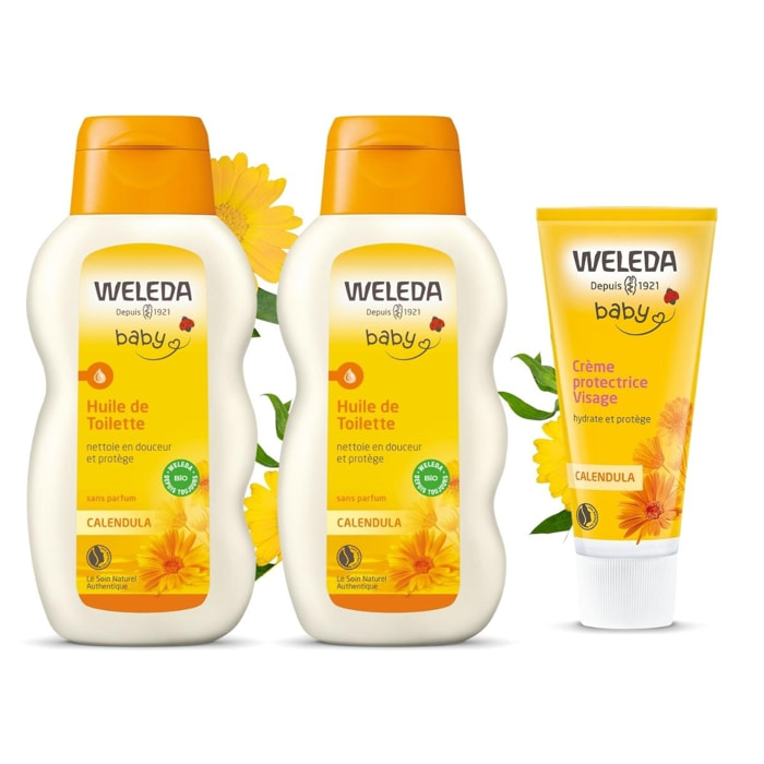 WELEDA - DUO Huile de toilette + Crème protectrice visage - pour Bébé- Certifié Natrue ** - Tube 50 ml et flacon 200ml
