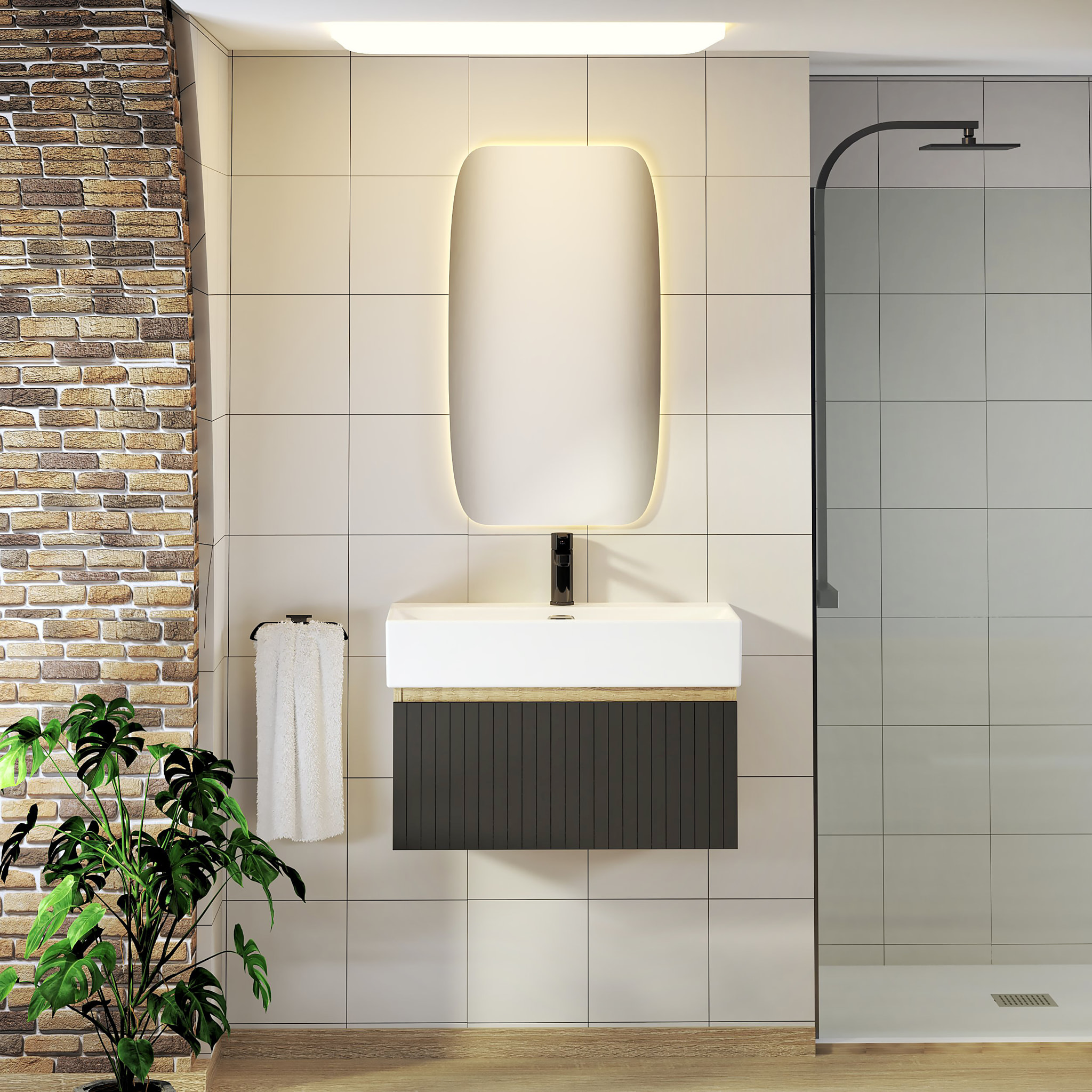 Ensemble de Salle de Bain Zel | Meuble Suspendu | 70 cm Noir | Un Tiroir | Lavabo Encastré | Miroir non inclus | Meuble Monté | Alday