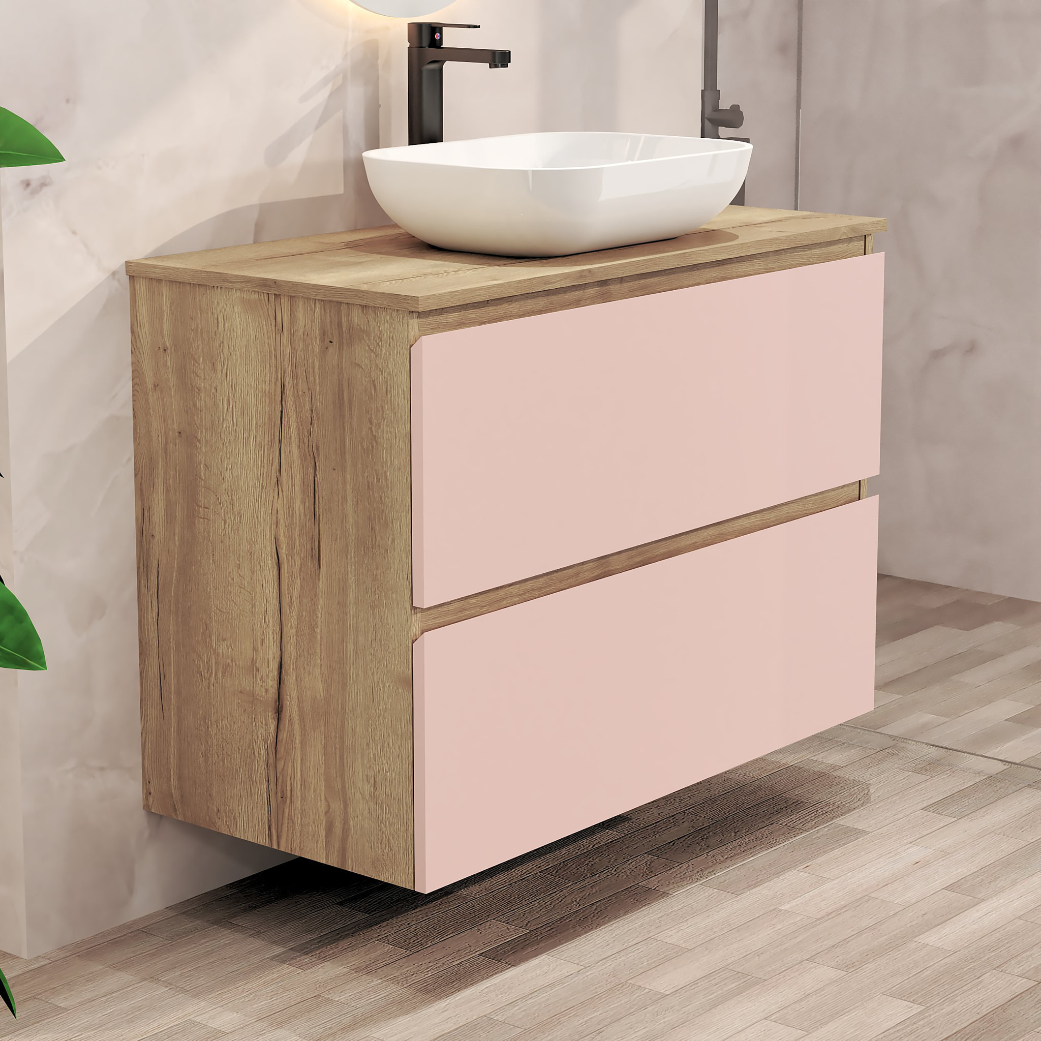 CONJUNTO DE BAÑO NIA | MUEBLE SUSPENDIDO | 90 CM ROSA | DOS CAJONES | LAVABO SOBREPUESTO | NO INCLUYE ESPEJO | MUEBLE MONTADO| ALDAY