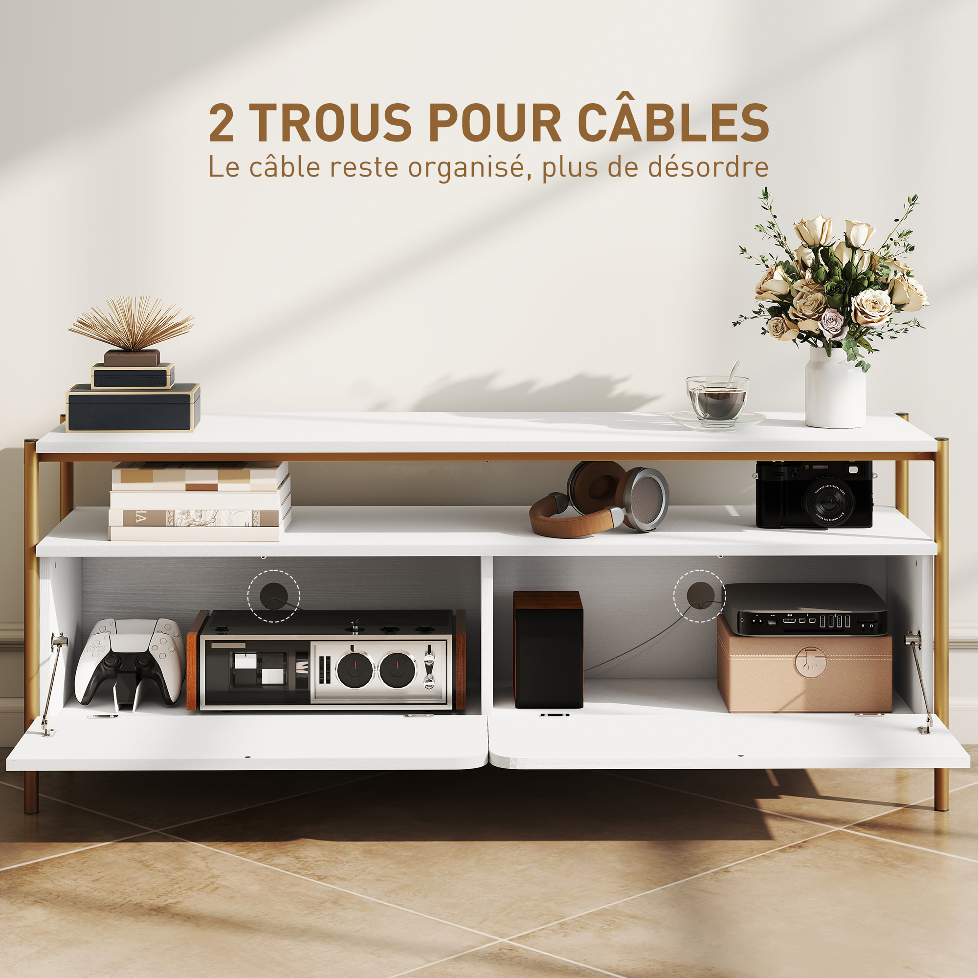 Meuble TV design Art déco 2 portes battantes étagère dim. 124 x 35 x 50 cm acier doré effet bois blanc