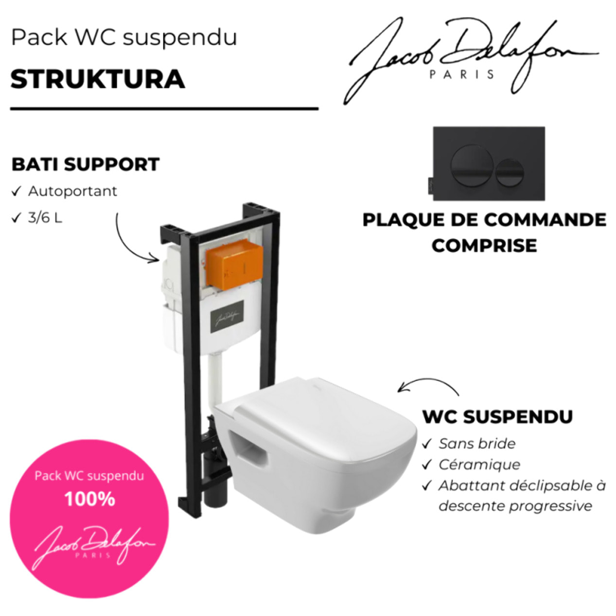 Pack WC suspendu sans bride Struktura+ bâti-support + plaque blanc + tabouret bois