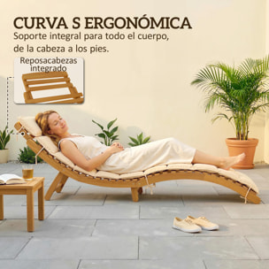 Tumbona Plegable de Madera de Acacia con Cojín y Reposacabezas, Tumbona Jardín Exterior con Asa de Transporte, Carga 120 kg, para Patio, Terraza, Piscina, 183x54x63 cm, Beige