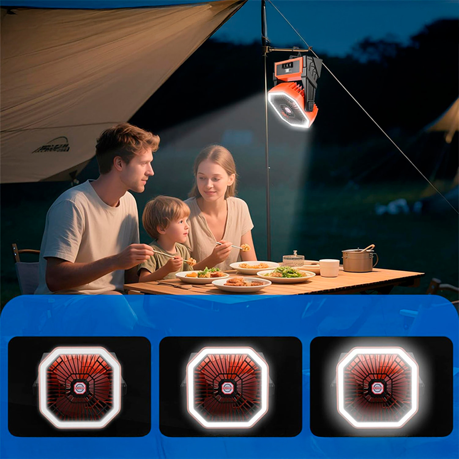 Ventilador A18 con motor sin escobillas, LED con 36 luces, 4 velocidades, 3 niveles de luz y temporizador. Ángulo ajustable de 90º con gancho para colgar y powerbank de 10000 mAh.