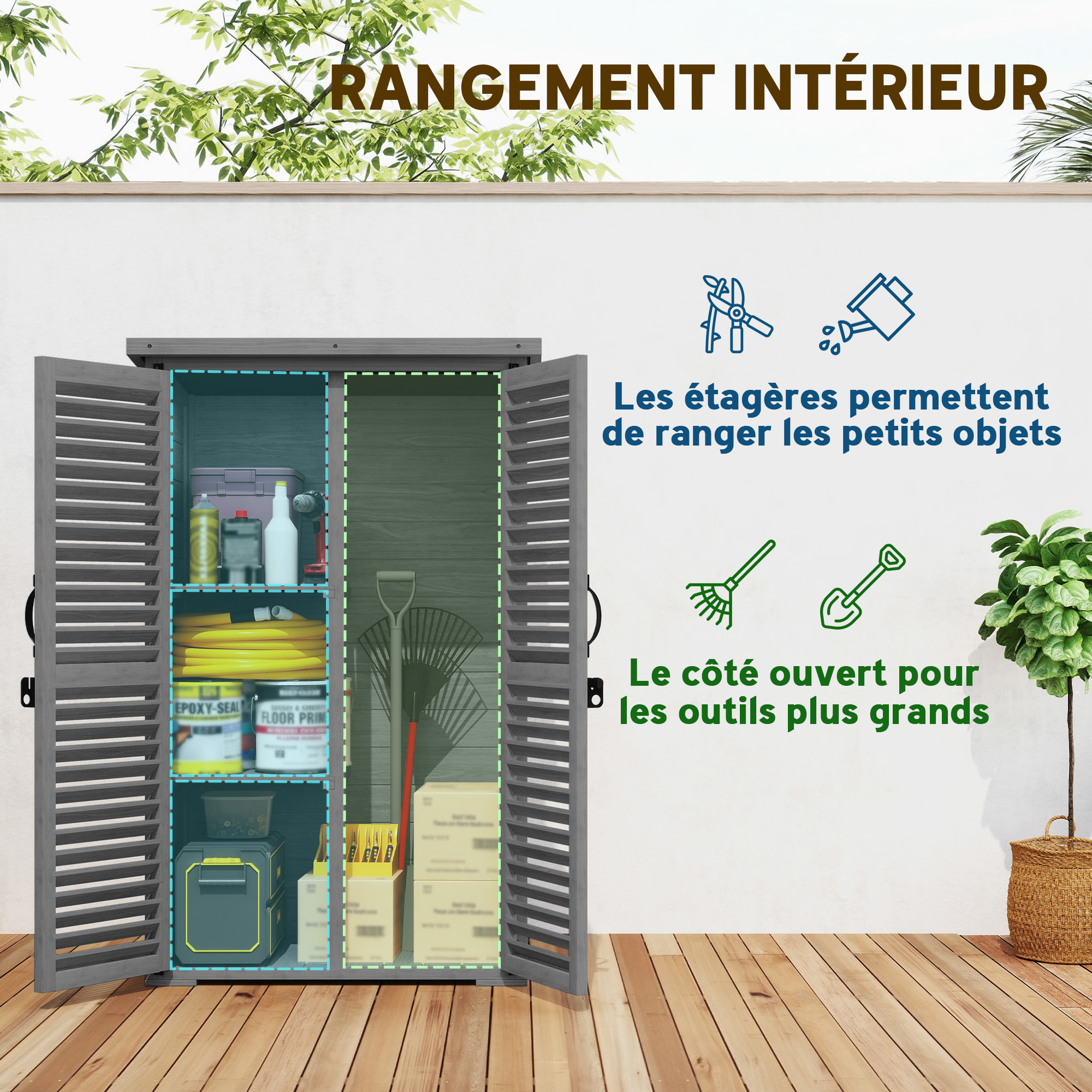 Armoire de jardin  2 portes persiennes 2 étagères toit bitumé bois gris