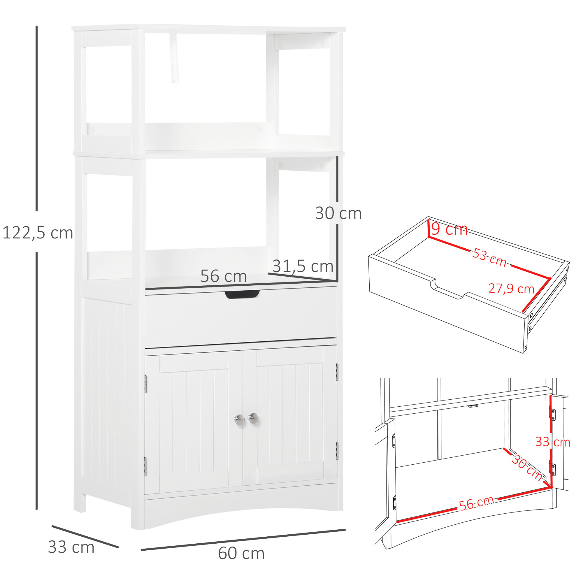 kleankin Armario de Baño con 3 Estantes Cajón y 2 Puertas Mueble de Almacenamiento de Suelo Moderno para Cocina Dormitorio Salón 60x33x122,5 cm Blanco